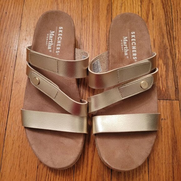 Skechers Martha Stewart Metallic Gold Strappy Sandals 7.5 BREEZIE Slides - Picture 2 of 10